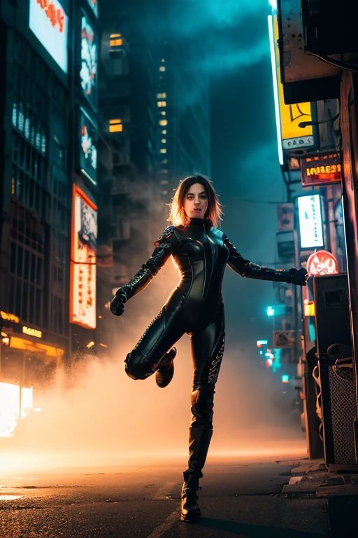 8K, Raw photo, highest quality, masterpiece, Full body, aerial view, cinematic lighting,| female cyborg with exposed mechanical parts, dynamic poses to showcase her agility as she moves through the futuristic landscape, breaking off the heavens

