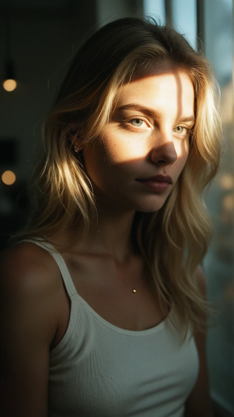 analog photo,silhouette,spotlight,close up portrait,
a beautiful cute young Swiss woman,1,highly detailed face,blonde,messy bun,
seducing facial expression,wearing t-shirt,dark background,warm colors,
RAW candid cinema,16mm,color graded portra 400 film,remarkable color,ultra realistic,