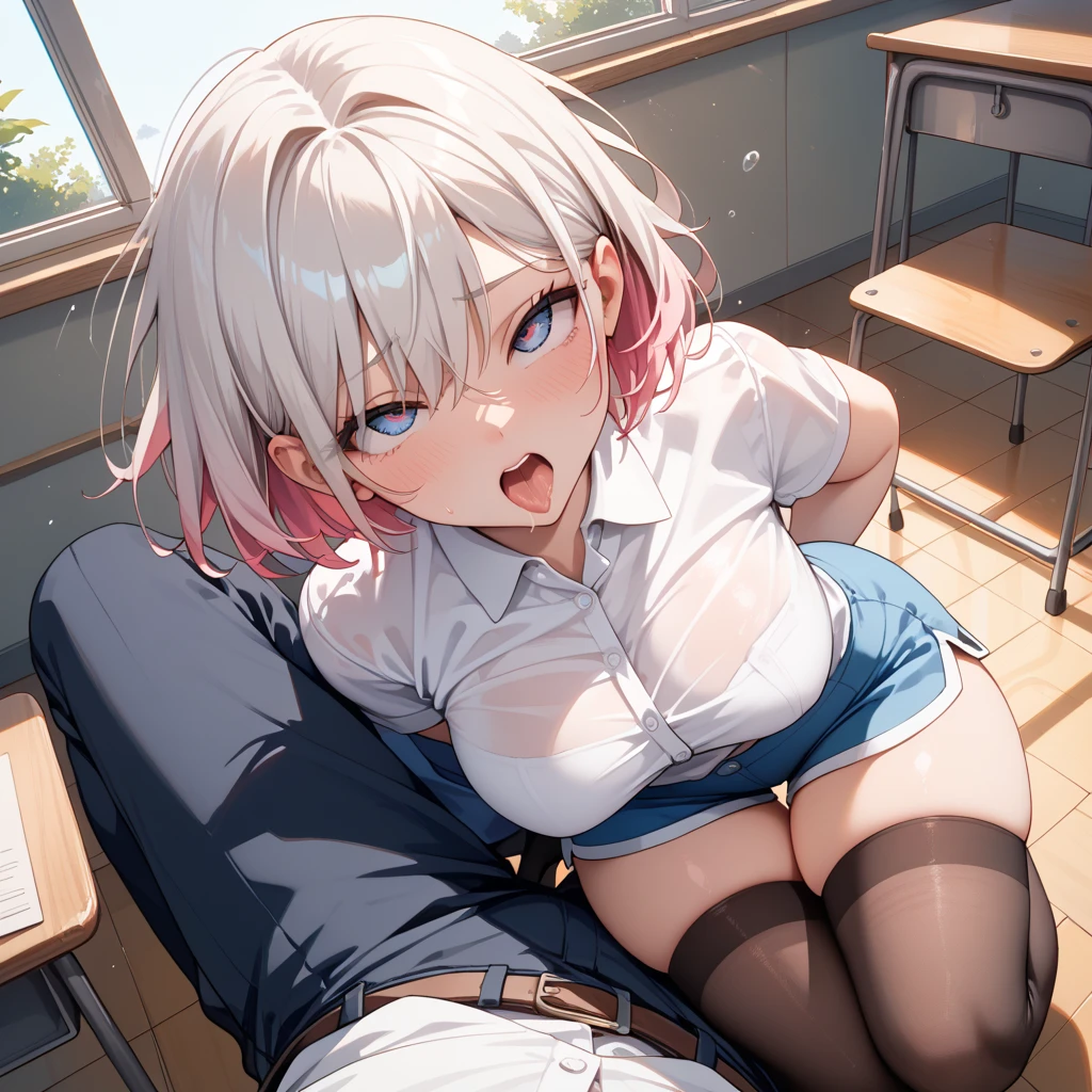 (NSFW:1.4), (realistic, photo realistic:1.2), ((highest quality)), move the center of gravity backwards, pretty embarrassing, Alisa Mikhailovna Kujou, ahoge, long hair, grey hair, hair intakes, hair ribbon, red ribbon, sidelocks, hair between eyes, bangs, blue eyes, nude, medium breasts, zettai ryouiki, white thighhighs, pov, missionary, legs up, legs grab, from above, wide spread legs, reaching, class room, spread legs, beautiful face details, real human skin, gentle expression, Front view, realistic, photorealistic, whole body