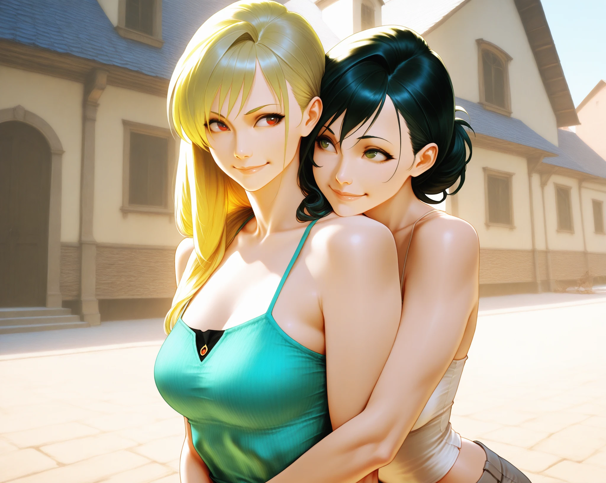 score_9,score_8_up,score_7_up,rating: general,girls, duo, long hair,breasts,looking at viewer,blush,tits, closed mouth,shexyo, shexyo style, boa hancock, couch, balcony, fancy couch, white couch, one piece, fancy, underwear, smirk, smug, tits, nami, hellsing and boa hanock, hellsing (short hair, blonde hair, blue eyes, fangs), boa hancock (black hair, blue eyes, long hair), crossover