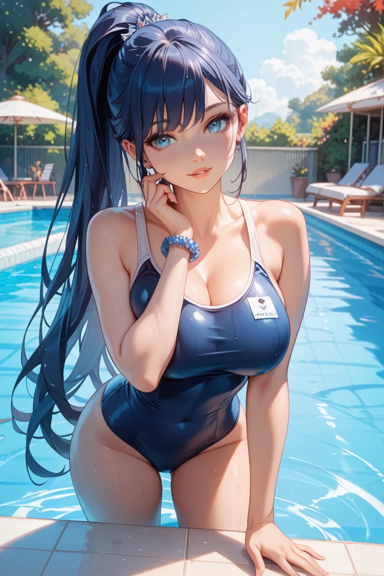 very cute and beautiful girl,(very detailed美しい顔),blue school swimsuit,
sitting,spread your legs,looking at the viewer,Poolside,planter flowers,(smile),black hair,
(highest quality,masterpiece:1.2),disorganized,High resolution,super detailed,very detailed,32K,
movie-like scene,detailed background,alone,dynamic angle,
hair blowing in the wind,beautiful and detailed sky,