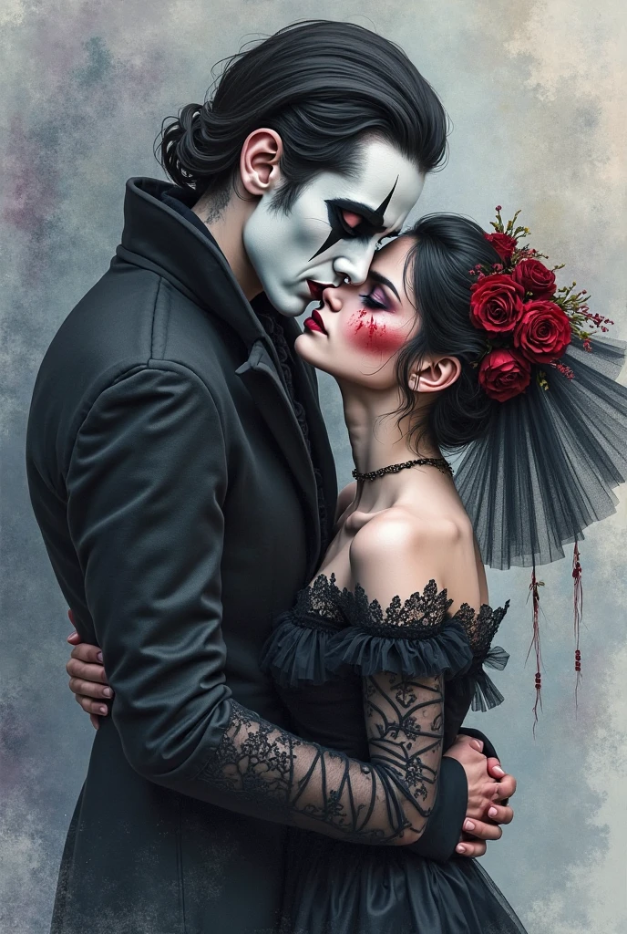 a woman with short curly hair, in a black and red gypsy outfit, kissing a man with a skull face who wears a black blazer and black top hat, black overcoat