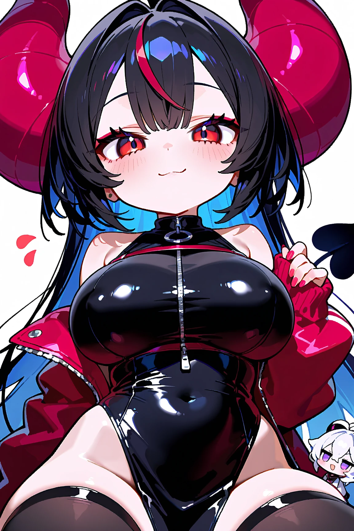 realisitic, top-quality, 1womanl, Highly detailed face and skin texture, Detailed eyes, Face, Double eyelids, Pink short hair, Red Eyes, Round face, Tongue out, orgasm, Choker, Big breasts, wariza, PAW Pose, Drunken eyes, upward-eyed, submissive, Drooling, Beautiful lighting, Ahegao, (PVC knee socks) (PVC long gloves)