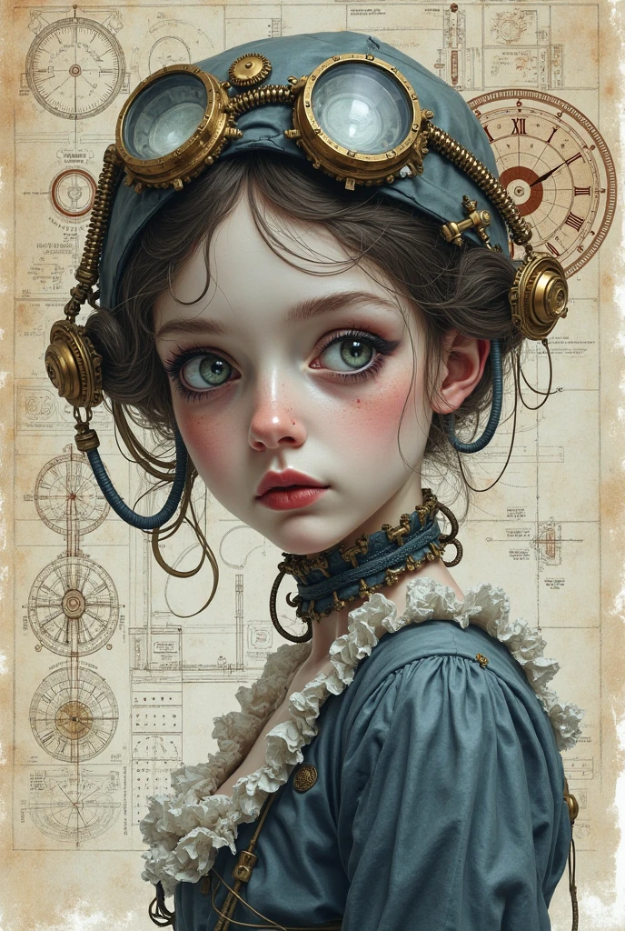 close-up, straight hair blonde short curly child girl the little red hat, clock on necklace, (Victorian era), ((steampunk)), cinematography, worked, elegant, meticulous, magnificent, maximum detail, extremely hyper-aesthetic, intricately detailed, lots of gears, old town background