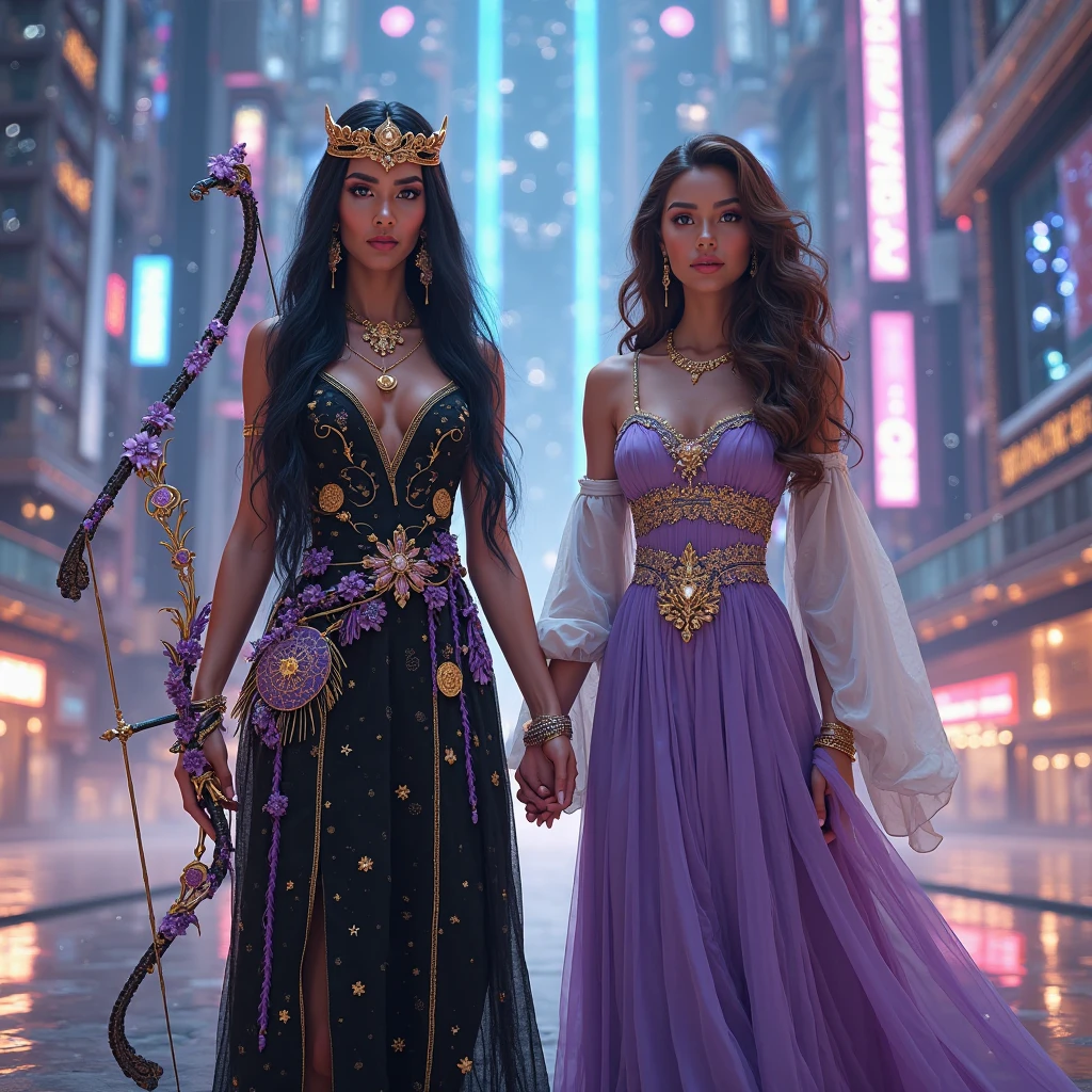 (​masterpiece, best quality:1.5), highest quality, High resolution, super detailed, Realists, Upper body photo of a black sorceress, dark skin, detailed and beautiful eyes, beautiful detailed lips, very detailed eyes and face, longeyelashes, shiny satin dress, Holding a magic wand in your hand and performing a transformation spell, Magic wands present and shining,  Beautiful and colorful makeup, elegant and noble々The jewelry bag, Gardens as background, soft daylight, bright colors, fine brushstrokes, Portrait style, Silk dress fabric, beautiful color palette, glowing skin, First-class rendering, that captures every detail, enchanting atmosphere, subtle shadows and lights, (perfect ???????:1.2), (The two breathtaking sorceresses transform birds into jewelry (a transformation):1.4), (magnificent panorama view:1.2)