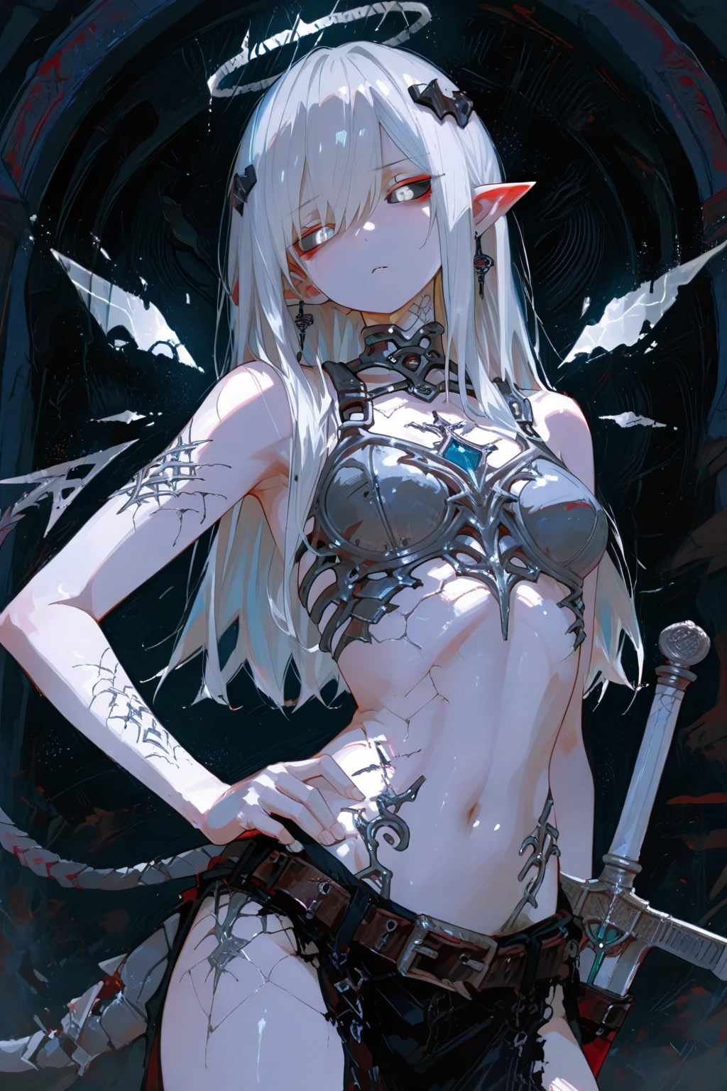 anime style, medium breasts, slim hourglass figure, narrow waist,  (demonic, infernal, evil:1.25), (full body:1.3), Rope Twists, (antlers:1.3),  creepy lighting, incubus,  bondage, shackles, (struggling:1.3), korean, (in the fires of hell:1.2), contrappasto, in a  lava cave, bombshell hair, silver hair, Long Layers,long bombshell hair, on stomach