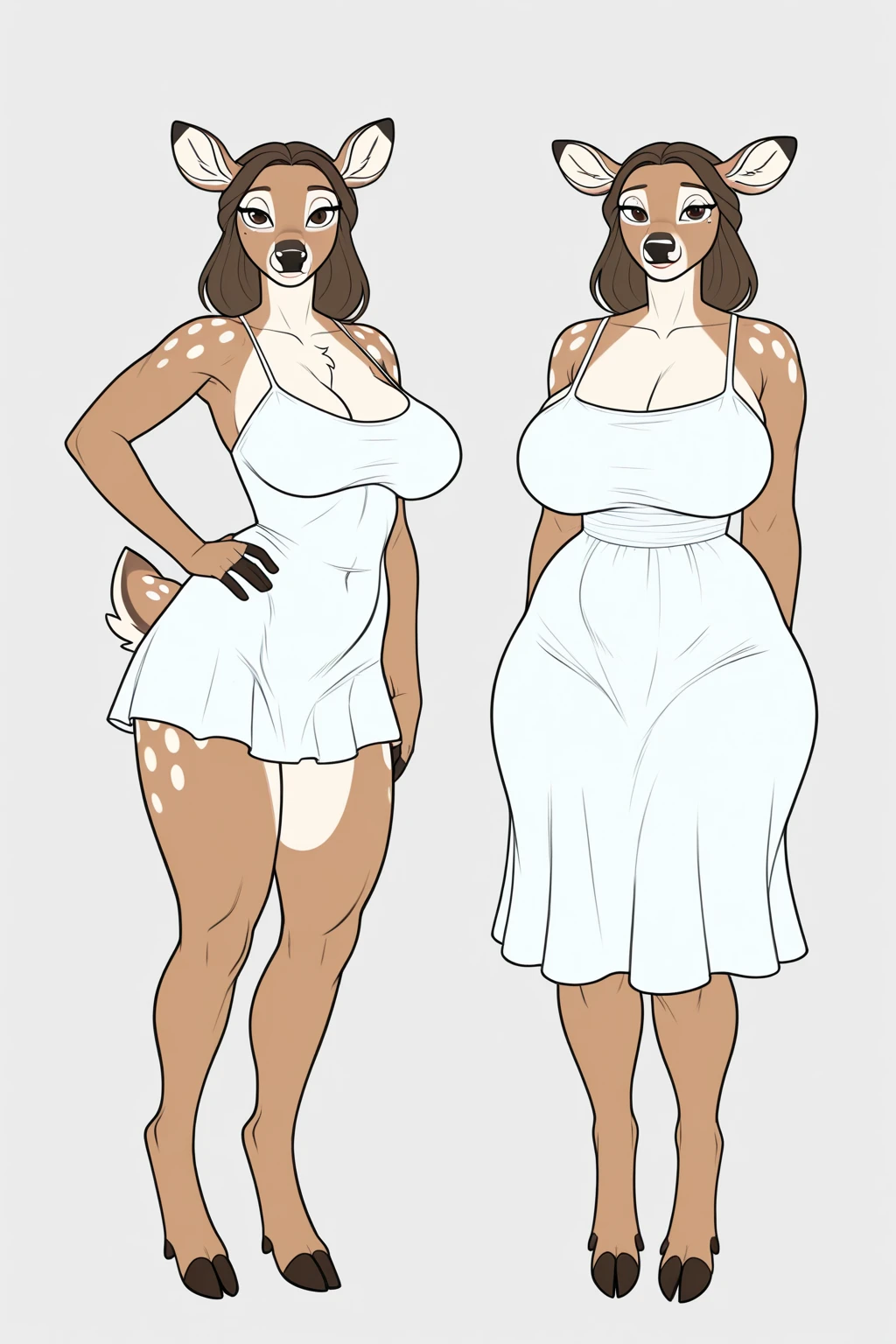 masterpiece, Best quality, antro, Furry, deer, Doe, Long eyelashes, plump, big breasts, big butt, Red hair, square hairstyle, Cinematic lighting, Scattered light, A high resolution, high detail, ultra realistic, nice smile, smiling, Reference, full height, вид в full height, deer hooves, a tall girl, looks from the front, standing straight, full height, coming, stepping, strolls, You can see the legs, hooves are visible, Deer tail