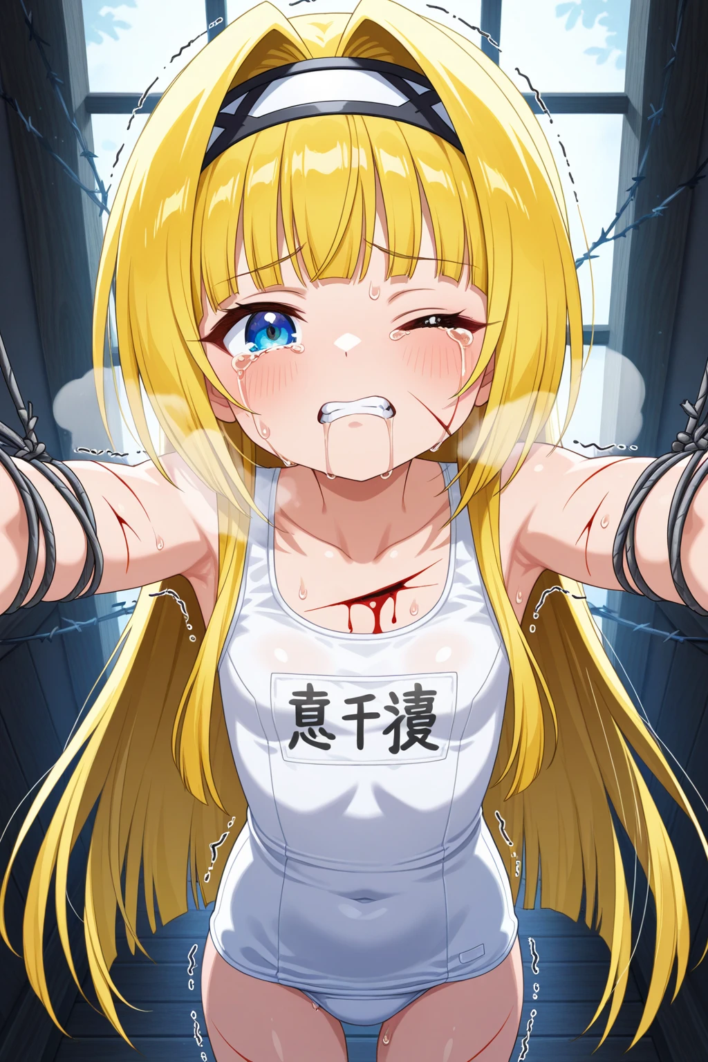 masterpiece, absurdres, 1girl, Lillie, length hair, floating hair, blonde hair,Bound, Bondage, (arms behind back:1.4), BDSM, tape, TAPE BONDAGE, close-up, srestrained, best anatomy, Curled up, scared face, crying, screaming, shout, Upper body, humiliation, desperate, (Stripped naked by men), (men touching her), touching hair, pov hand pulling her hair up, (men raises her hair), men squeezing her breasts