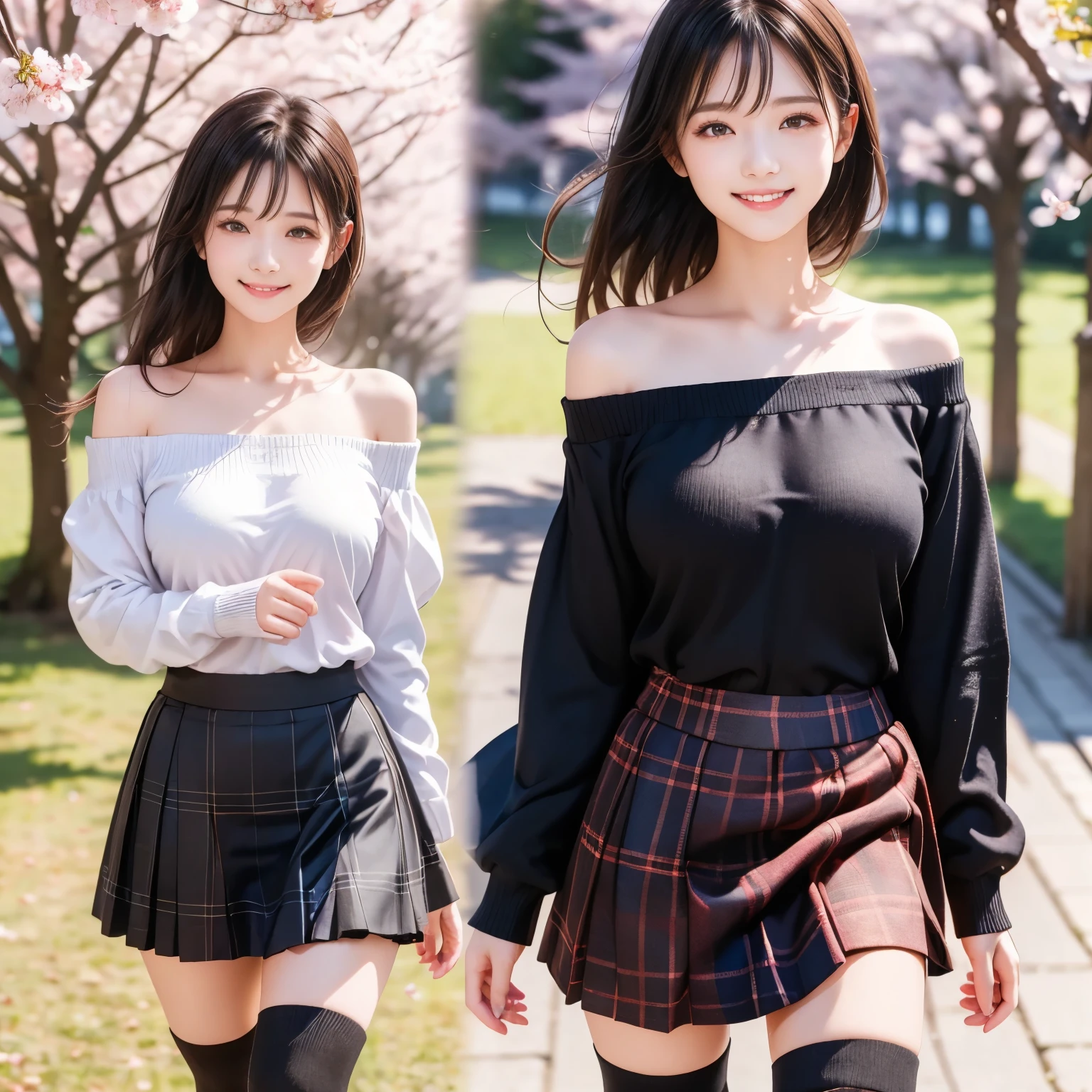 (masterpiece,best quality: 1.4),(8k,raw photo,photo realistic:1.2),shiny skin, detailed skin,detailed face,detailed eyes,Japanese idol,beautiful face,cherry blossom trees, under cherry blossom trees, one beautiful woman, beautiful Japanese woman, well-developed face, model figure, (long hair: 1.2), (off-the-shoulder shirt, plaid mini skirt, black knee-high socks: 1.3), (happy smile: 1.2), (standing),(wind is blowing her hair and skirt:1.4),