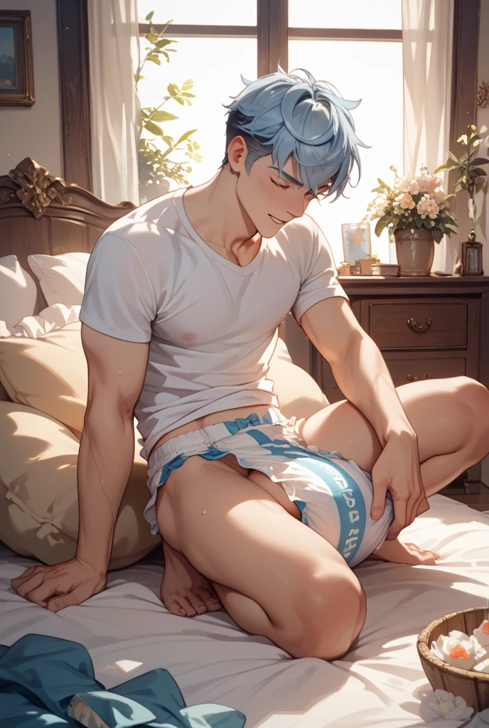 Boy sleeping on his back on the bed(16 years old、Levi Ackerman)、Sleep、Pink Hair、T-Shirts(white)、boxer shorts(gray)、Between the legs(bulge)、erection、Sweat、Humidity、tears、hot、blush、See-through nipples、orgasm
