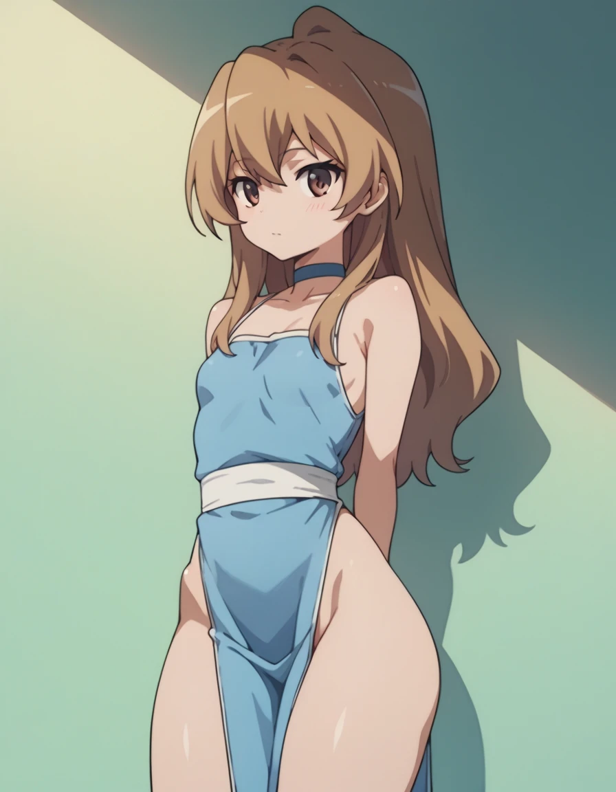 Taiga girl Aisaka 18 years old big breast sexy swimsuit and open sexy platform high heels blue color posing in the park 