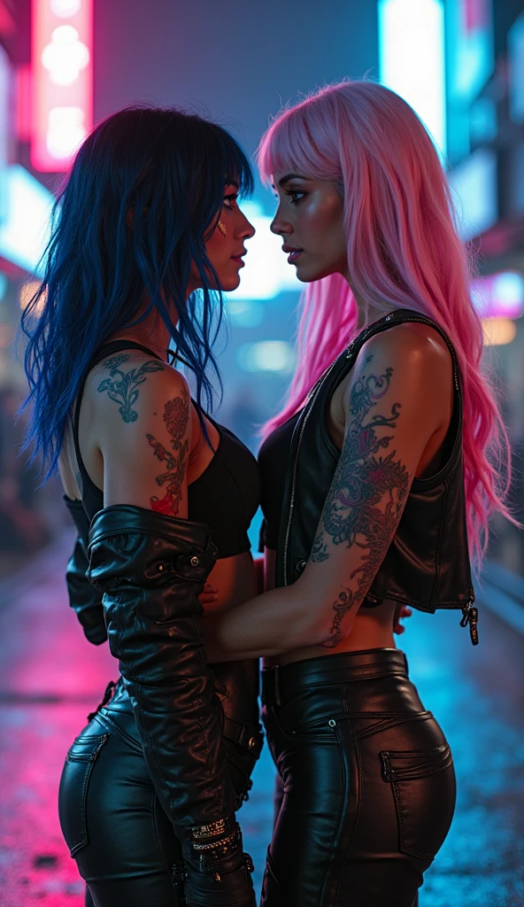 Photo of two girls kissing against the wall in a sensual way
