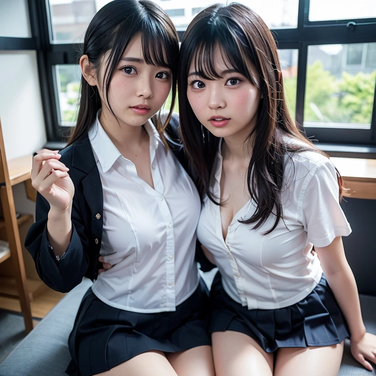 2 girls in classroom near window,navy blue blazer,white shirt with red bow tie,navy blue pleated skirt,navy blue knee-high socks,18-year-old,bangs,a little smile,thighs,knees,straight hair with barrette,from below,front-light