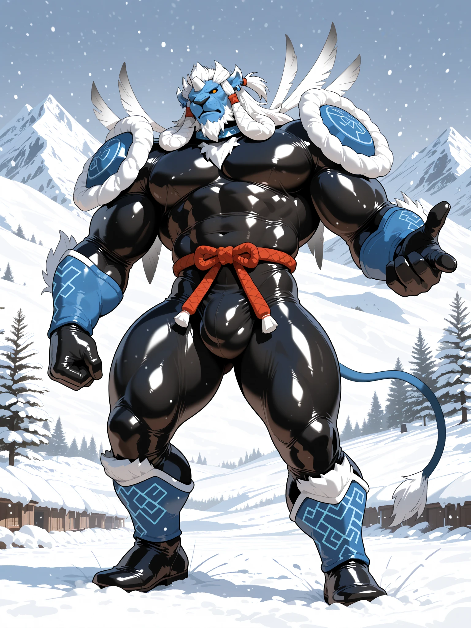 Light blue colored bara dog, white countershade, white skin, large hairy pecs, strong physique, yellow markings, white hair with yellow strips samurai hair in ponytail, green colored eyes, blue sclera, very muscular, perfect anatomy, scars on body, full body view in frame, nipple piercings, solo, masterpiece, sexy pose, manly pose, beard, strong jaw, thick thighs, giant biceps, huge hairy pecs, muscular, smirking, smug expression, curly dog tail, macro, tall, incredibly huge, insane height, height difference, insanely tall, in a snowy mountain, from above angle, top down angle, correct perspective, wearing thong, grin, amazing shading, full body, detailed hands, detailed eyes, detailed face, detailed arms,anthro, muscular, abs, (detailed:1.5), male, detailed background, by bozi, by zackary911, by SligarTheTiger