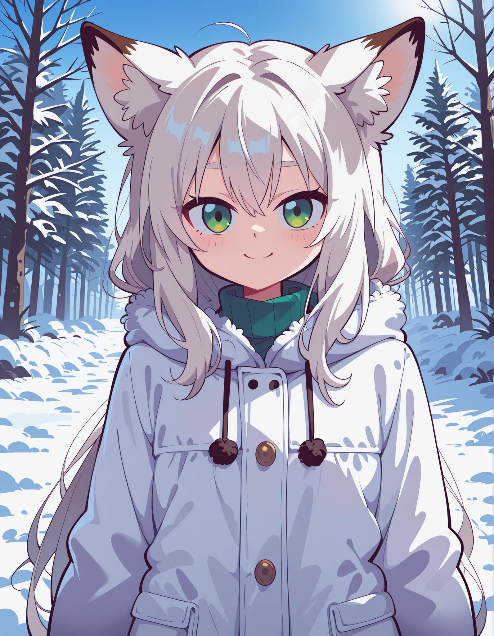 f11ph1style,, anime, BREAK, young fox girl, skinny and frail, (petite,cute:0.5), green eyes, looking at viewer, long hair, white hair, smile, winter clothes, outdoors, winte