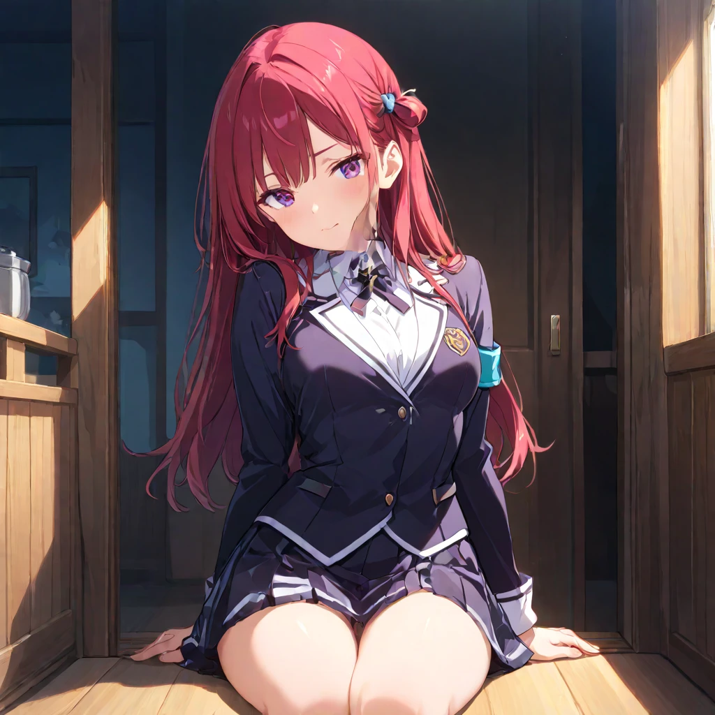 1 girl、masterpiece、beautiful lighting、Detailed beautiful face、Detailed beautiful eyes、hight resolution、Ultra-fine illustration、extremely delicate and beautiful、top-quality、The whole body is shown、Feet first、(A MILF:1.2), ((Squatting:1.5)),Open knees、独奏, 30s,de pele branca, (silber hair, Blunt bangs ,poneyTail,Red Eyes),, Curvaceous, (shinny hair, shinny eyes, shinny skin), Laugh, a smile, (glistning skin:1.2), 、thighs thighs thighs thighs、((crouching down、Open legs))、front facing、((Sailor Clothing)),Pichi Pichi clothes、ratex、Short skirt、校服、The navel is visible、pelvis curtain、Armpits、a smile、black thighhighs、Watch your audience、under the boobs、blushed、perspiring、Jeweled、thick thight、Parting lips、pantyhose、Blushing cheeks、tiptoes、lowfers