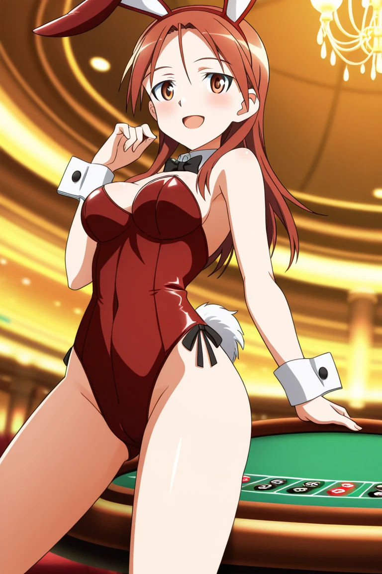 score_9, score_8_up, score_7_up, source_anime, best quality, clear face, 1girl, Nami, orange hair, orange eyes, long hair, large breasts, cleavage, looking at viewer, standing, playboy bunny, black clothes, dynamic angle, smile, casino