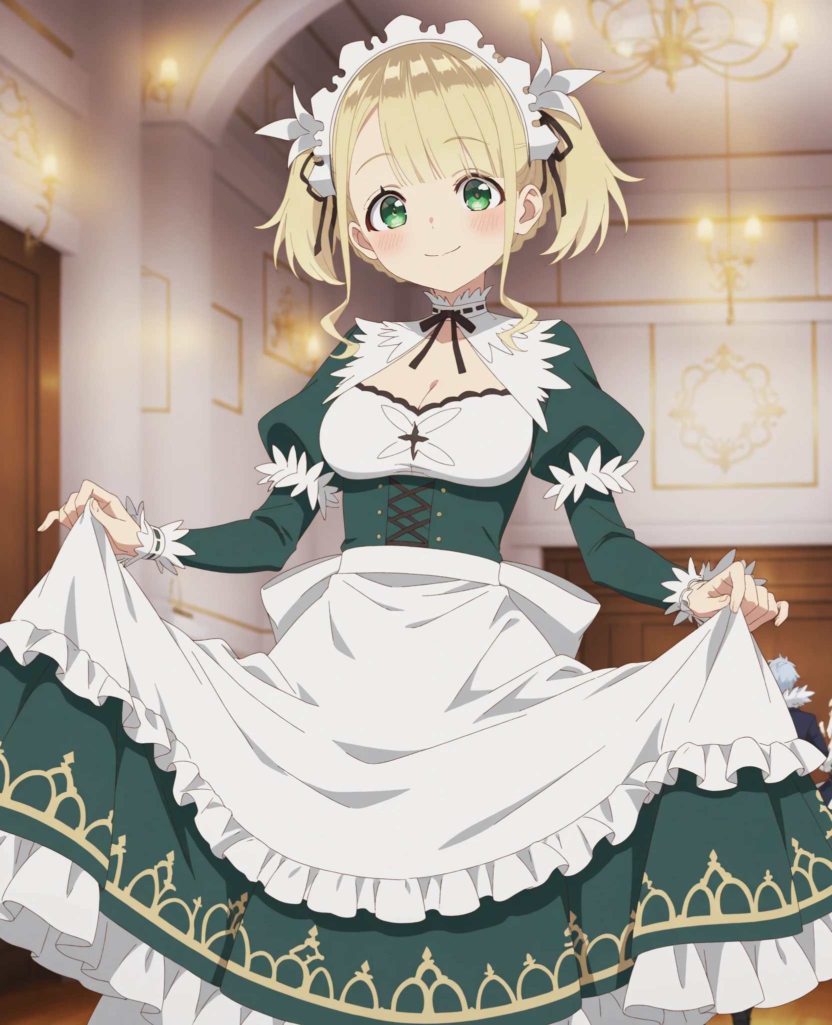 (masterpiece),best quality,ultra-detailed, perfect hands(Delicate finger expression), perfect legs, Delicate eye expression, delicate face expression,1girl (teles,, lovely small breasts, be short, naked body, earrings, jewelry, blonde hair, long hair,green ribbon, green eyes, empty eye),  blank face,  facing viewer, looking at viewer, parted lips, Solo, maid (black), frill, apron, ultra mini skirt, maid headdress,skirt lift,  pussy, in the livingroom,  standing, come-on, lure, beautiful women, Cute girl, skirt lift, love juice flows out of her pussy ,