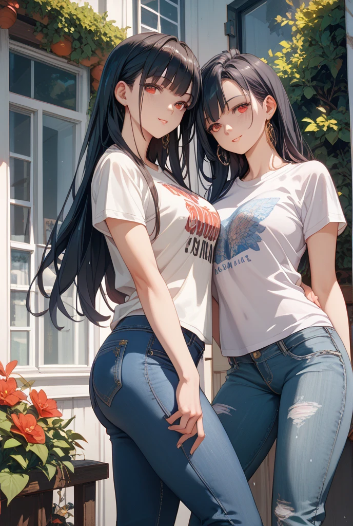 Screenshot of anime manga version of 16-year-old girl with black hair and white highlights, long and wavy, black eyes, dressed in casual clothes and smiling sadly, Together with Bakugo Katsuki and Shoto Todoroki kissing on a bed Boku No Hero Academia