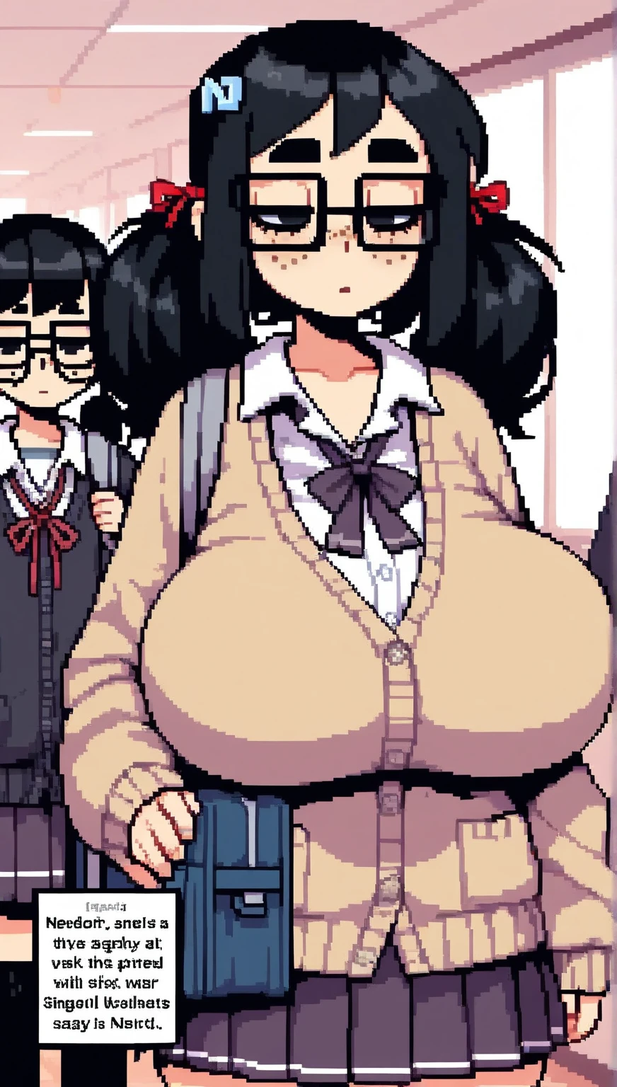 a woman, small face, oval shaped head, with a wide forehead and soft cheeks that taper towards the chin. small eyes, Brown eyes, round glasses, black fur, long braids, a very important bangs, straight bangs that cover the forehead, cut evenly, king, huge breasts, slim and well developed body, Wide hips, freckles in the face, flirtatious expression, flirtatious smile, nerd, touch sexually, a small, very tight white dress shirt, Skirt, Long black stockings, small legs, tight clothes, hardened nipples, in an empty school, sitting at a desk, sunlight, legs open, showing her underwear, flirtatious, front view, looking down