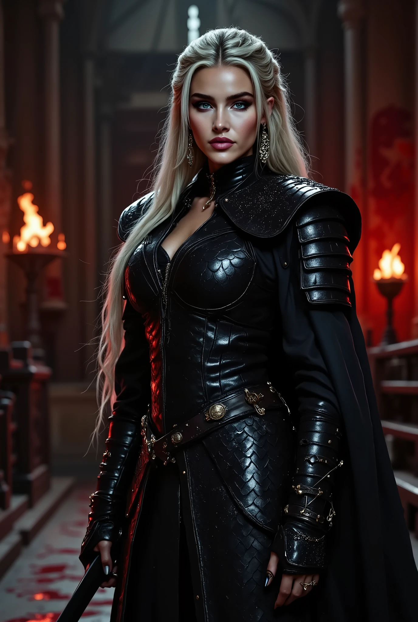 beautiful girl, 26 years old, (blonde), green eyes, red lips, shy smiling, dressed in sexy gothic leather armor, (in cave), (night), (dark atmosphere), evil atmosphere, (detailed background:1.5), (intricate environment details), (hyperdetailed), (detailed skin and hair texture)+++, (ultra realism), (8K UHD), (ultra quality), (dslr)
