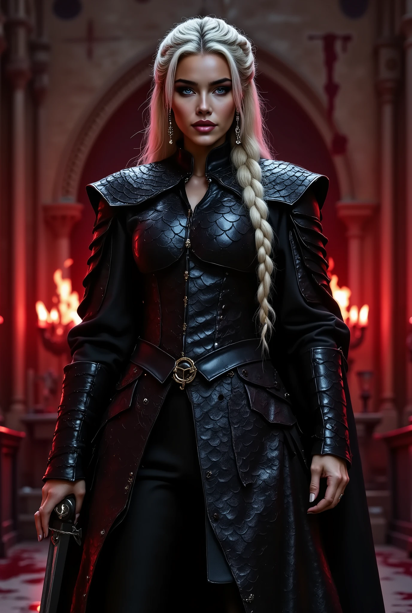 ((better qualitative)) , (detailed), Visenya Targaryen Dazzling, Black Dragon Armor, Black Sword, Lilith inside a church, deep, shiny metallic black , fire, blood stains, the whole body, in the style of dramatic red lights D14bl0, Witch with long braided white hair, headband and earrings