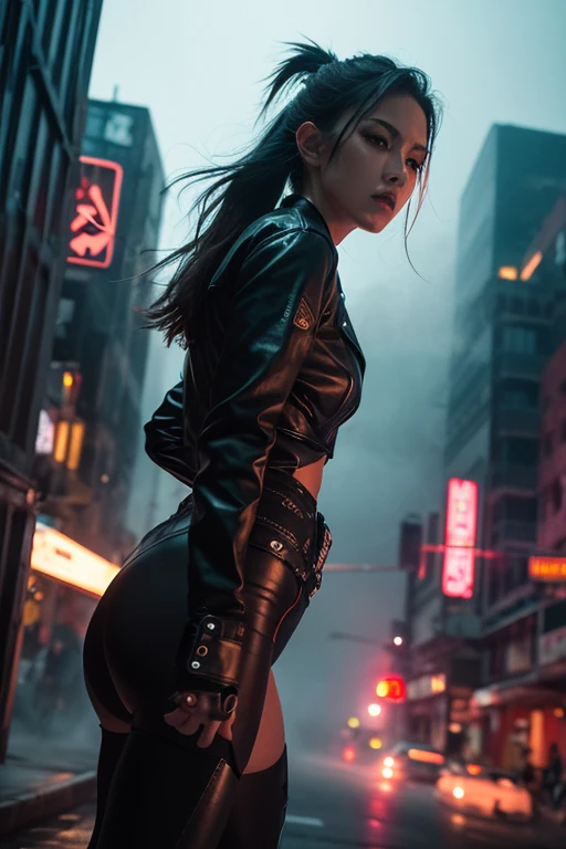 8k, Realistic Skin Texture, Realistic Photo, Neo Tokyo, slim Japanese women, large-breast:1.3 cleavage:1.2, AD2050 at night, Dirty hunting jacket, Wearing tube top, miniskirt, (((black sunglasses, automatic rifle, sneakers, cold, shooting pose, low angle view))), Innovative composition, revenge, cyberpunk, blade runner worldview, Large neon sign, Geisha hologram sign, Strong Wakamoto Sign.