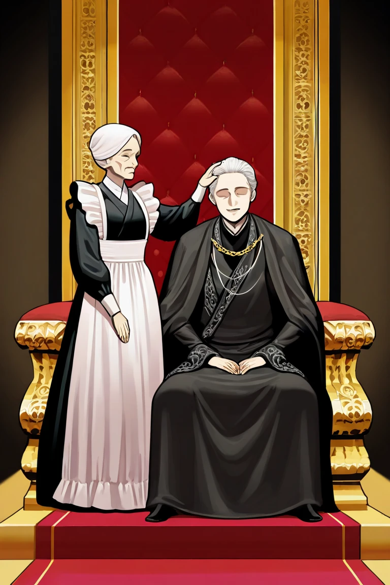 {{upper body}} {{Artist: ratatatat74}} {{NSFW}} 2 girls [High Priority], mature womans, throne, sitting, suit, elfs, white hair, femdom, scar on face, seductive smile, white dress futanari, big penis [High priority], medieval fantasy.