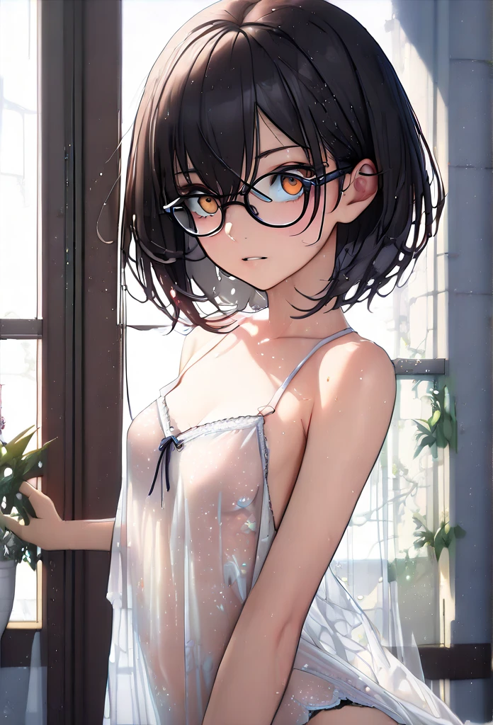(watercolor:0.7), (pastel color:1.1), (pencil drawing:0.4), (beautiful and detailed face:1.1), kawaii girl, mid-summer, super hot day, sweaty, wet, (beautiful see through white T-shirt), sweat skin, black shorts, (super very short hair:1.3), (yellow glasses:1.3), underrim_metal, headphones, medium breasts, clavicle, cleavage, midriff, music_wave floating in the air, Intense sunlight, piercing sunlight, heat haze, dramatic lighting, lens flare, light diffusion, instreet, (wipe the sweat:1.2)