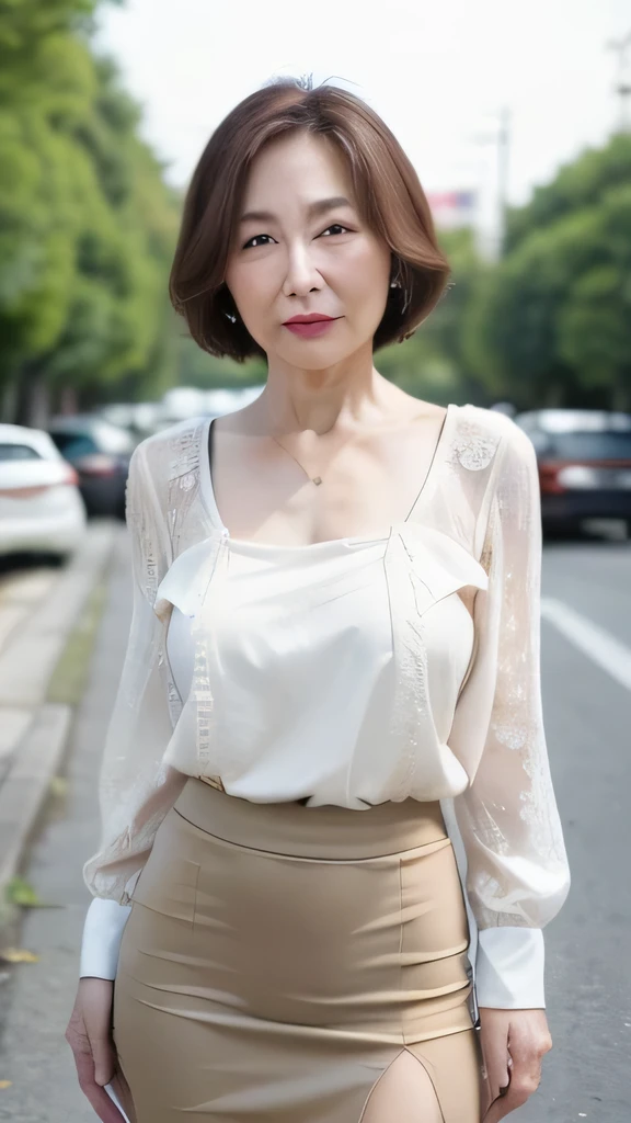 Masterpiece, high quality, ultra realistic, (65yo:1.3),female, bending forward,smile,(face wrinkles:1.4), (white blouse:1.4),(black skirt:1.4),(covered nipples:1.2), (cameltoe:1.1),first person view,(down blouse,:1.2),cyber town,gray hair,walk, Small breasts