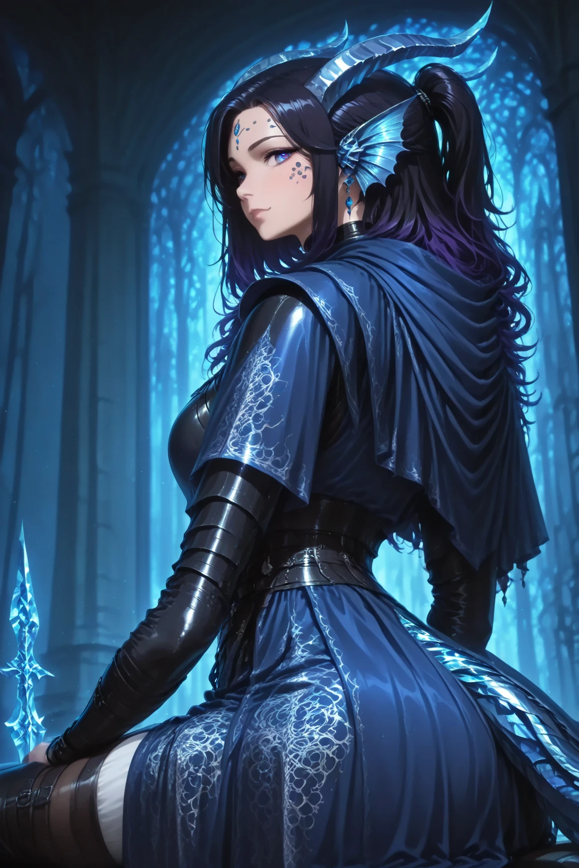 The female angel of death (small boobs, dark-blue hair), obra prima, anime, luzes e sombras dramáticas,