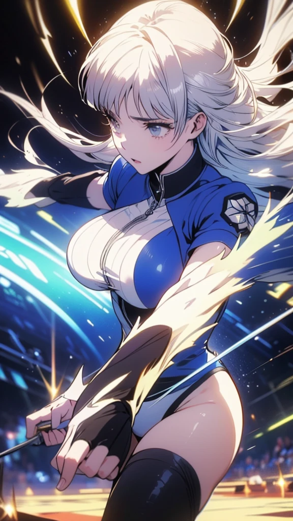 4K, A high resolution, Best quality at best, masterpiece, perfect colors, perfect shadow, perfect litghting, ((sportrait)), 1woman, fit body, heterochromia eyes，rainbow hair , blue eyes, With round lenses, The audience watched carefully, (s face: 1.2), Perfect female figure, ((dynamic pose)), ((goldTight crop top gold leather suit)), ((shy and looking at viewer)), (Perfect thick white eyebrows) Delicate fur, 详细s face, s the perfect face,  , (dynamic pose), big breast, open half breast