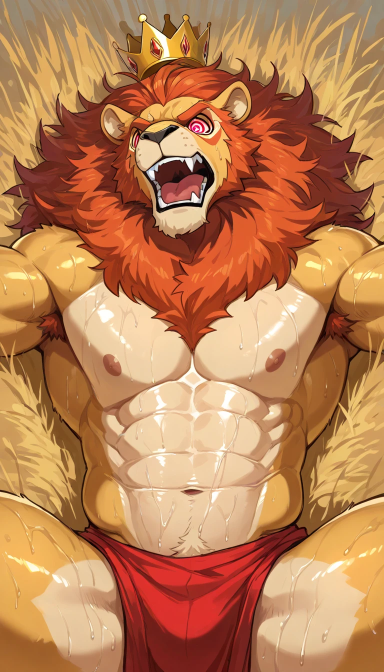 (masterpiece, 4K, ultra detailed), lion furry, masculine, red hair, short elegant haircut, athletic, lean, shirtless, white background, handsome, cute, soft smile, happy, single, blue eyes, brown nipples, penis, balls, front view, red pubic hair, teenage, anime, illustration, simple colors