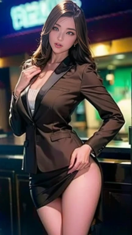 2 heads,Portrait of a 60-year-old woman with short brown hair, a captivating gaze, Brown eyes, Wrinkles on her face, She wears a very sexy black evening dress that reveals big flabby breasts, Light makeup and red lips. 32K