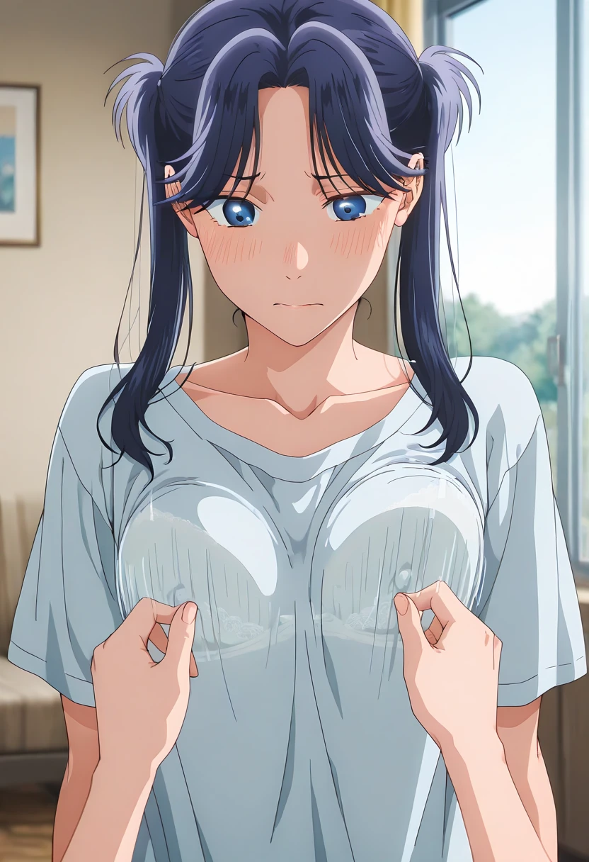 (masutepiece, Best Quality, High resolution:1.5, anime colours, megami magazine:1.2, anime poster style, anime keyvisual, sharp, 8k, photorealistic), (beautiful detailed eyes:1.5, beautiful detailed face:1.2), madoka ayukawa, 1girl, blush, (black hair, Long Hair), (sagging huge breasts), (negligee:1.5), upper body, (Perfect detailed Anatomy, beautiful detailed hair, beautiful detailed body:1.2, shiny skin), (thick outline, Beautiful outlines, black outlines), simple background