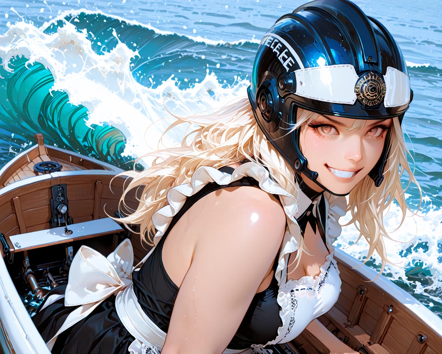 top-quality、超A high resolution、女の子1人、Wearing a white swimsuit、(huge-breasted:1.2)、high-heels, riding on motorcycle, Blonde short hair, , Photo, The background is the sea,Live action,japanes,独奏,Beautiful expression,White stockings,beautiful smiling face,perfect body type,blue-sky,Wave droplets