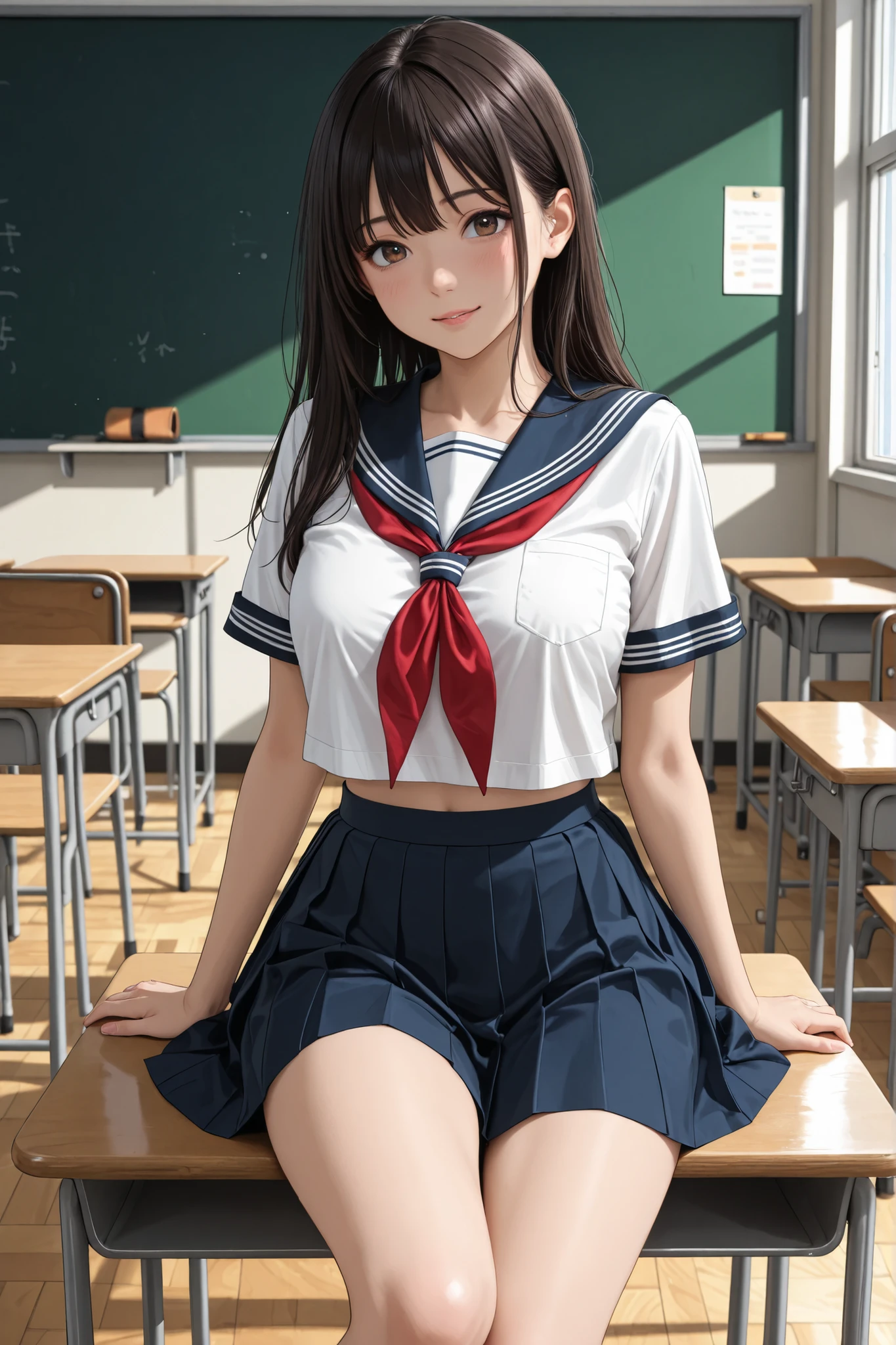 (((masterpiece, Highest quality, High resolution, 超High resolution, Pixel perfect, Written boundary depth, 4K, RTTX10.0))), Beautiful Anime Woman, Beautiful art style, Anime characters, ((Smooth texture, Realistic texture, Anime CG style)), Exact finger count、Exact number of legs、(Exact number of arms:1.0, Exact number of hands:1.0), (Perfect hands, Perfect Anatomy), Cinematic, Realistic, Highly detailed CG, Daytime lighting, Perfect lighting, Best Shadow, The best natural light, whole body, Perfect body, バランのとれたPerfect body, Perfectly balanced style, Slender body, ((Long Hair, bangs, Reddish brown hair, ponytail)), ((A cute adult woman is holding her panties in her hands, holding panties, Panties as a gift:1.8)), ((Sailor Suit Tops, Sailor collar, White shirt, Navy pleated mini skirt:1.3), (Knee-high socks:1.3):1.3), (Beautiful big , :1), (Embarrassed expression:1.5), blush, (School classroom, Desk and chair in the background:1.3), Angle from the front