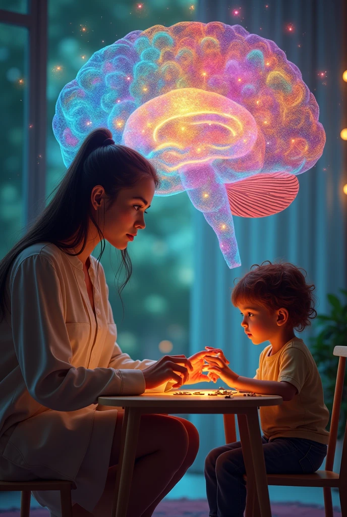 (photorealism:1.2), Blonde boy with colorful puzzle in his brain and a woman psychologist playing with him in a room with toys