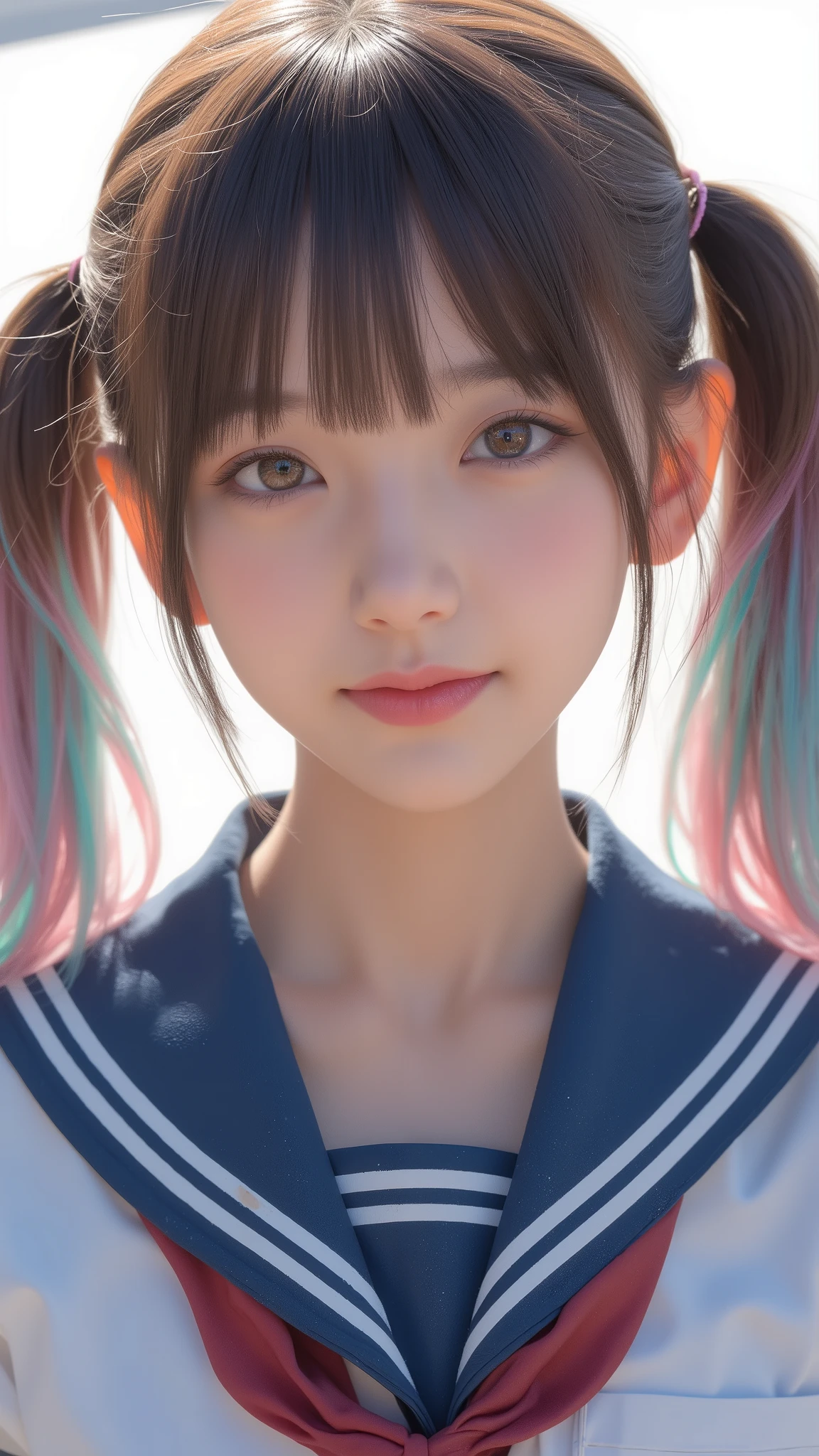 twin tail、cute, Hyperrealistic, High precision in selection, top quality、Smile、high school student in sailor suit