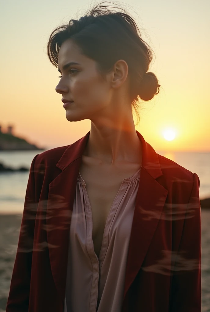 Realistic , beautiful female, 40years, pixie brown hair, brown colored eyes, clear face and clear skin, strong and perfect body, wearing sunglasses, red shirt and white pants, backward the sunrise on the Algarve beach, red sky in the bright morning, red atmosphere