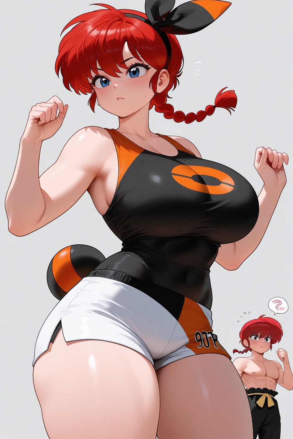 ((((masterpiece)))), high quality, very_high_resolution, large_filesize, full color, heavy outline, clear outline, colorful, (beautiful detailed eyes), (beautiful face:1.3), boyish face, 1 girl, (femaleranma), (red hair), short hair, (braided ponytail), ((bangs)), bumpy bangs, blue-gray eyes, big breasts, curvy, black-wristbands, school swimsuits, 