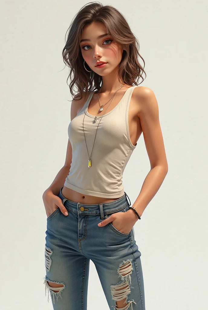 Mini short jeans skirt, grey seamless ribbed cami top with shoulder straps, size small, Huge breasts, Erect nipples, exposed belly bottom, masterpiece, best quality, highly detailed, ultra high res, (photorealistic:1.8), unreal_engine, photograph, realistic_skin_texture, rialistic photo、Real Images、Top image quality、masterpiece, white skin color, gold hair, full body standing, outdoor, Main Street, Scrawny:1.7,