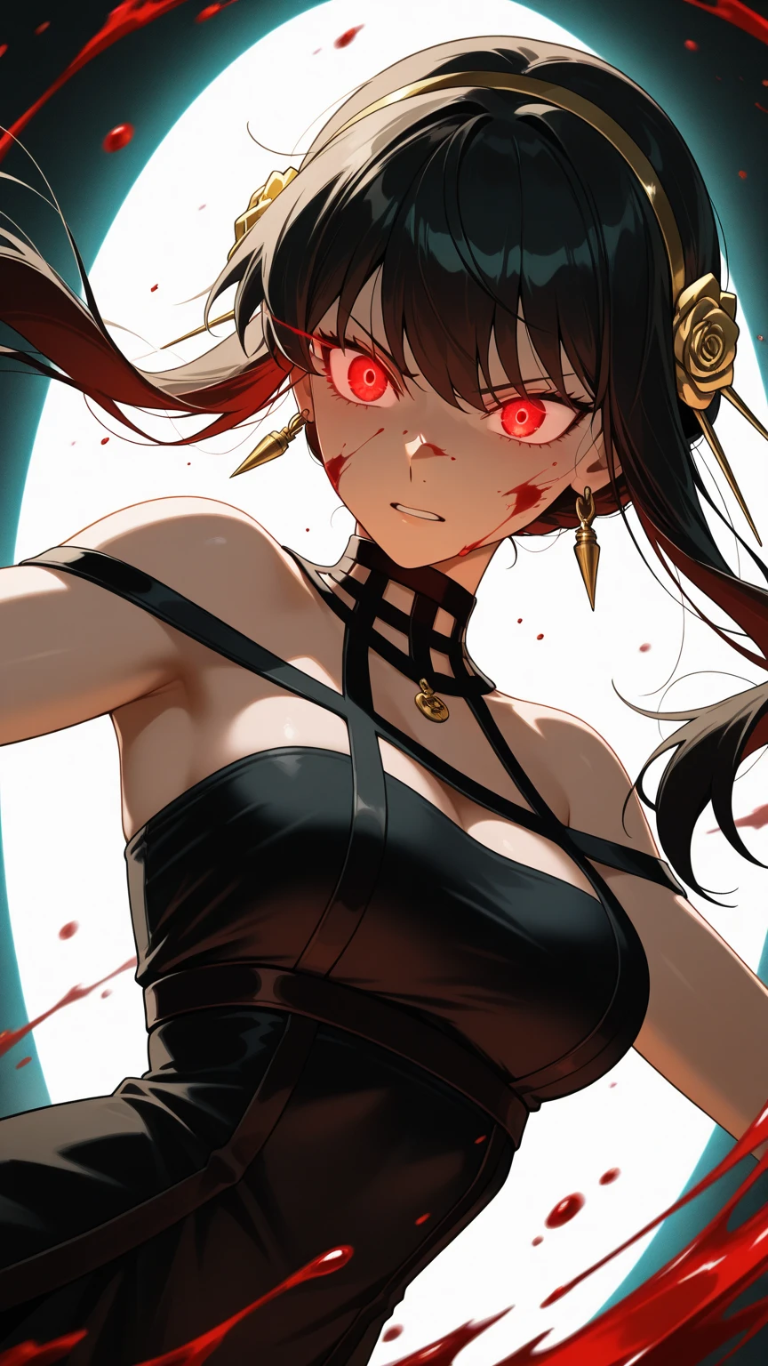 Painwheel, red eyes, brown hair, single hair bun ,(black sclera), small breasts, barefoot, black nail polish, veiny skin ,scar, face stitches, angry, brown helmet, upper body, solo,
PW,attire, white dress, side slit , no panties, sideboob, collar, cuffs, bare shoulders, covered, bolts,
(insanely detailed, beautiful detailed face, masterpiece, best quality)
