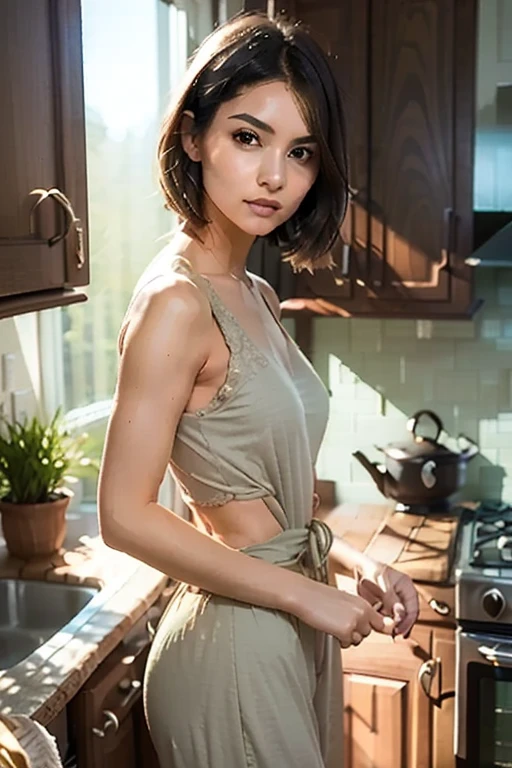 ((best quality)), ((masterpiece)), (detailed), perfect face super sexy face super sexy lips super pumped lips bimbo super sexy black leather shot dress , healthy food healthy salad chicken, kitchen