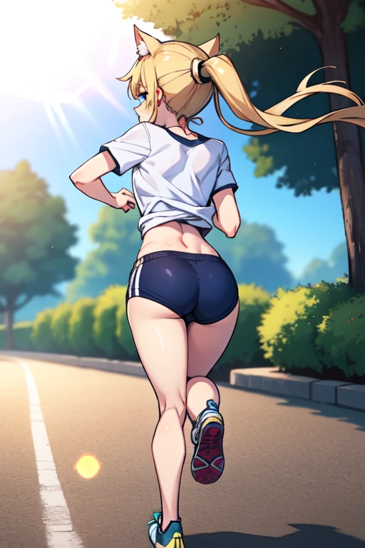 masterpiece, best quality, SimplePositiveXLv2, yuuki asuna, 1girl, solo, long hair, breasts, large breast, curvy, blonde hair, cleavage, crop top, dolphin_shorts, pantyhose, running pose, street, outdoors, Forest