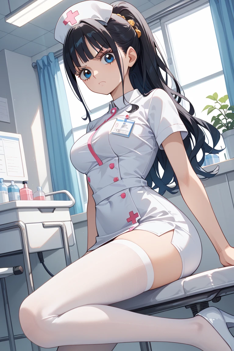 infirmary, curtains, 1girl, nurse, white dress,, masterpiece, best quality, highly detailed,.grandes seios