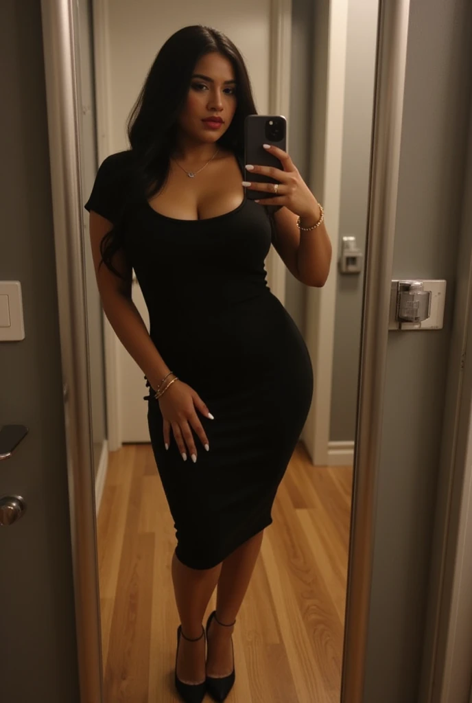 Fit girl, pale skin, long black hair, big breasts, wide hips, slim waist, thick lips, big ass, wearing a plunging neckline dress, thight clothing, Full body picture taken at a distance, 90s flash photo, at a hotel lobby