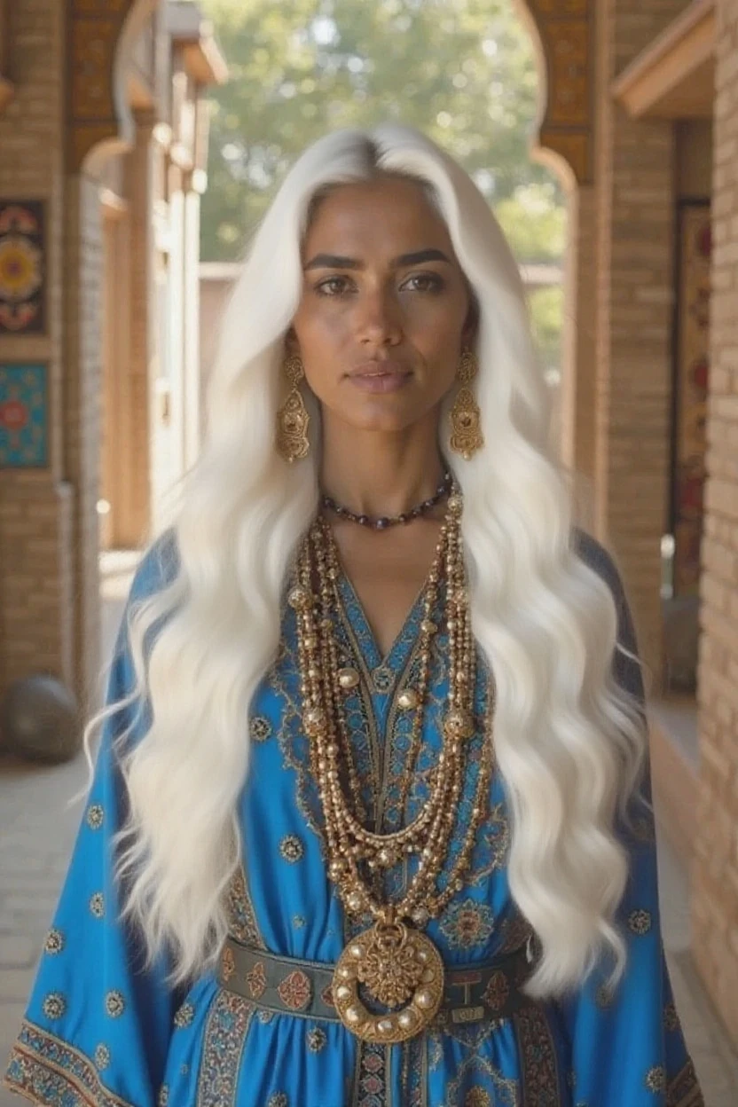 Kind, Dark-skinned Arab woman with white hair, white eyebrows, yellow eyes, large breasts, shortstack, strong, athletic, fit, white hair tied with a yellow ribbon. Wears yellow shirt tied, brown jeans, lots of gold jewelry and navel piercing. She is standing in front of a Victorian greystone row house in Chicago.