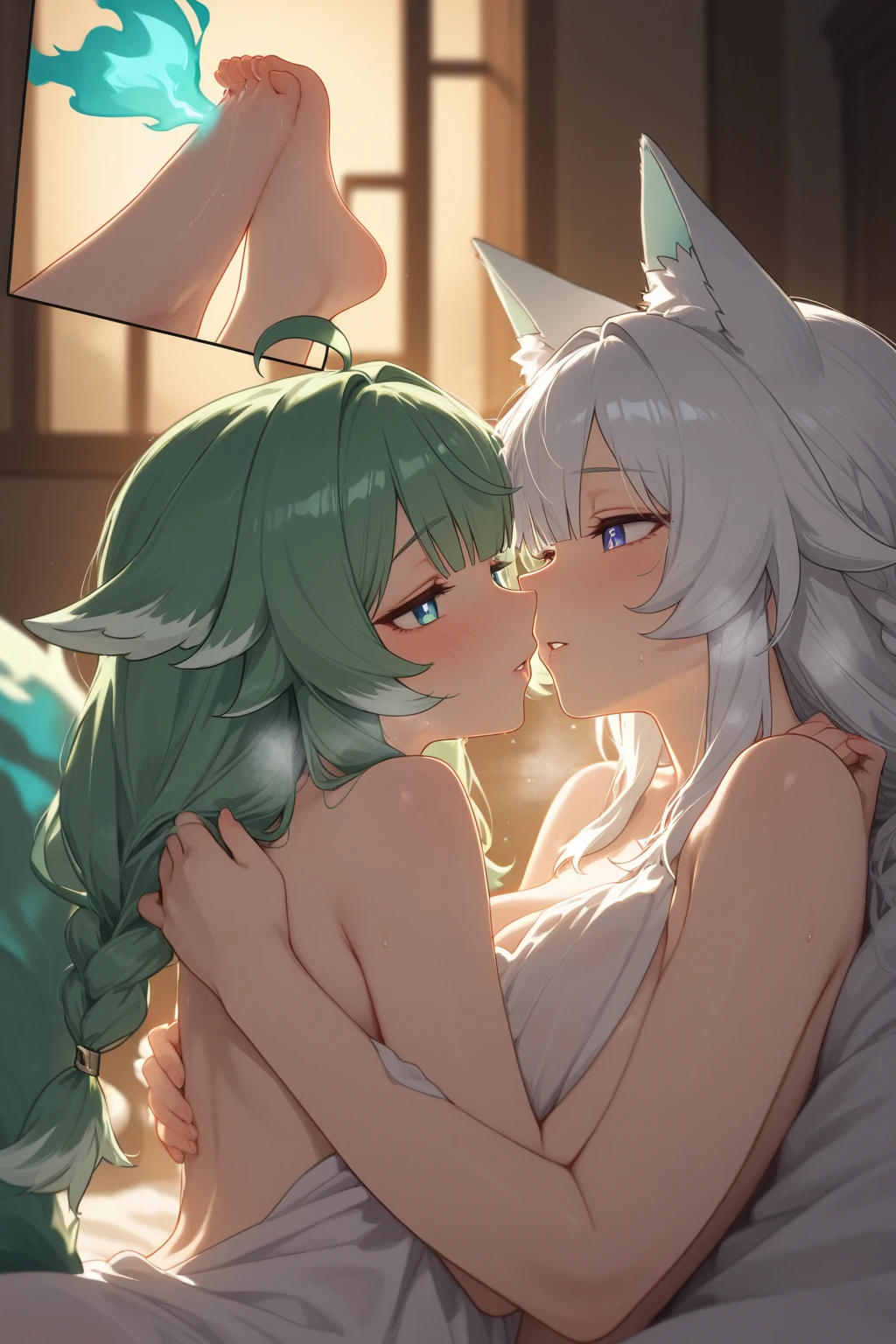 (fluffy anthro furry :1.6),mint long hair cat girl with mint fur,white long hair cat girl with white fur,wavy hair,naked,shower room,water splash on girls,wet hair,wet breasts,upper body only,horny face,french kissing,deep kissing,plenty pussy juice,full face blush,heart eyes,heart expression eyes,steam around girls