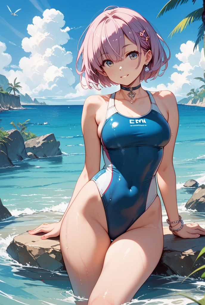 Random patterned swimsuit、,Swimsuit,Blushing、short hair、Pale red eyes、Light cream colored hair、Head to toe full body、Blushing、Embarrassed look、Composition from the front、A view from slightly below、school swimwear、Acme Face、Random pose、, 、nsfw、Highest quality、1 girl、solo、Ocean、Sandy Beach、Sexy pose、Random pose、Blushing、wet、Embarrassed、I can see half of my 、、One piece swimsuit、(Strap slip:1.3)、